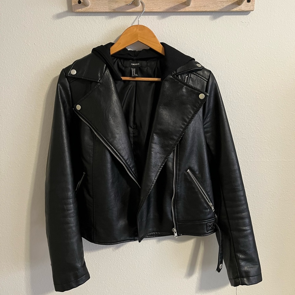 Black Leather Jacket with Hood